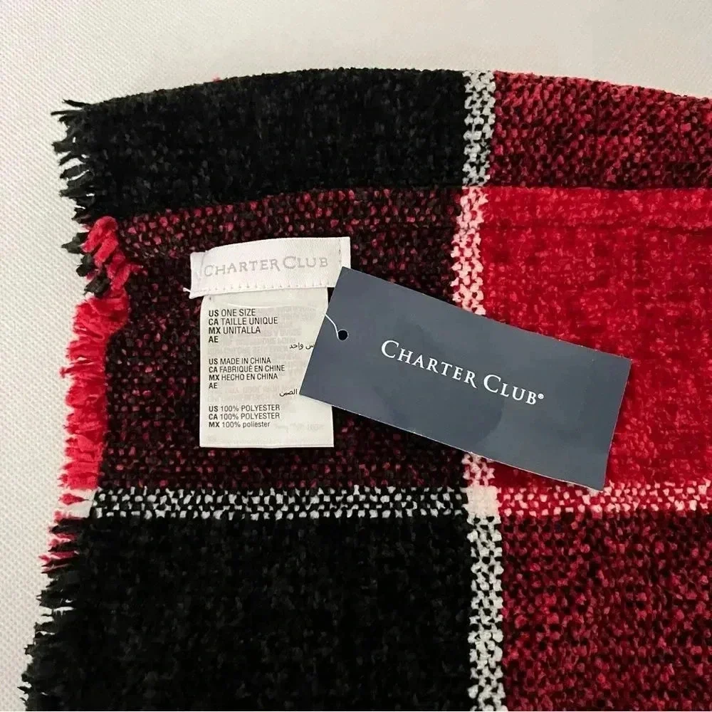 Charter Club Chenille Infinity Scarf Black Red Multi Plaid Woven Loop Fringed